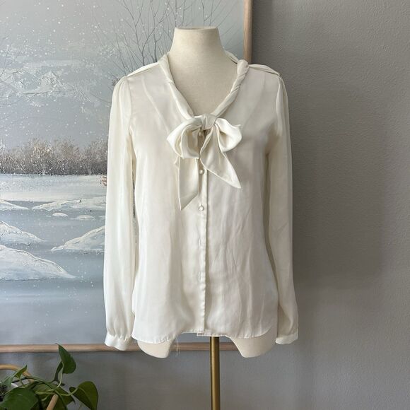 Anne Klein cream neutral Silky rolled neck Tie Blouse Size small business work - Picture 1 of 13